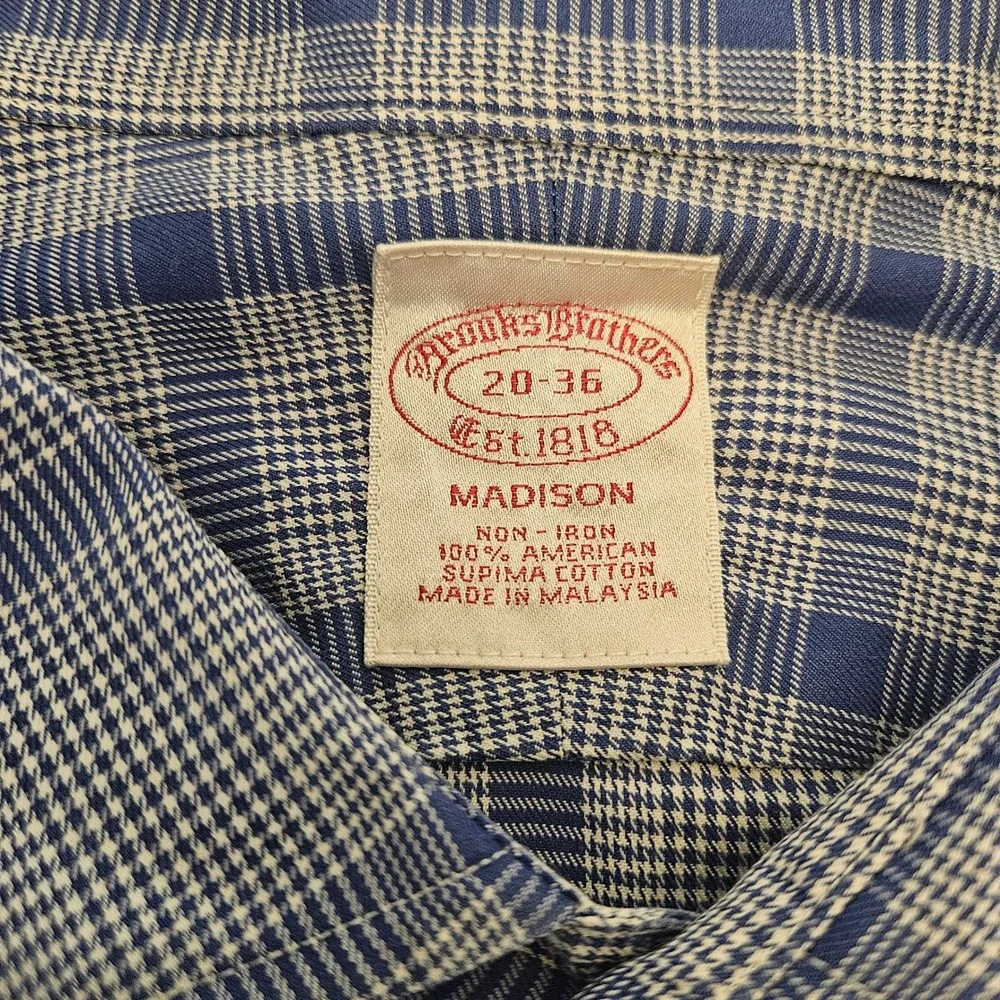 Brooks Brothers‎ Madison Dress Shirt Mens 20-36 Blue White Plaid Non-Iron Cotton